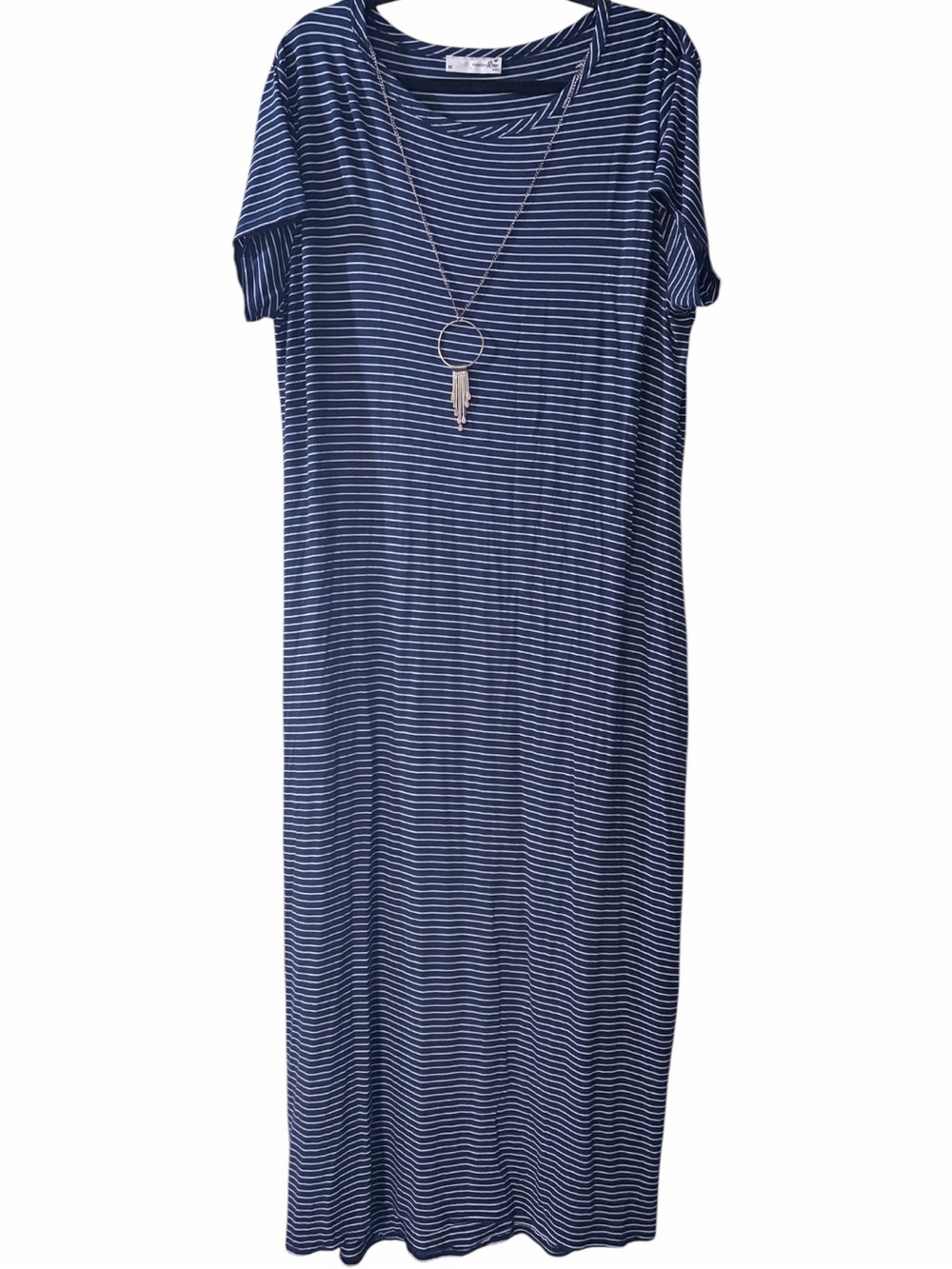 NWOT Plus Size Navy Blue Striped Maxi Dress Detachable Necklace 3X